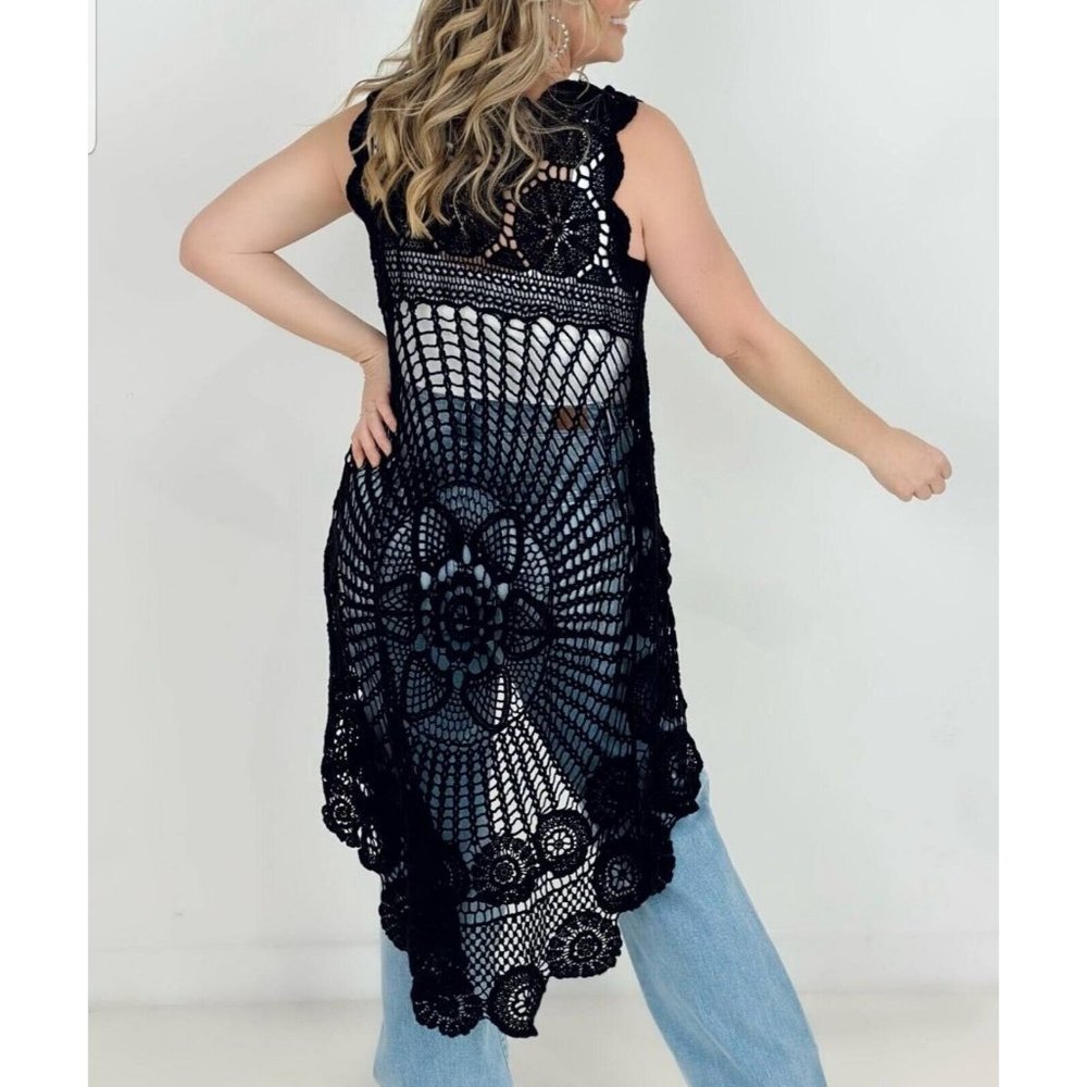 Adora Boho‎ Crochet Open Knit High Low Top Sleeveless Black Festival S/M - Picture 4 of 6